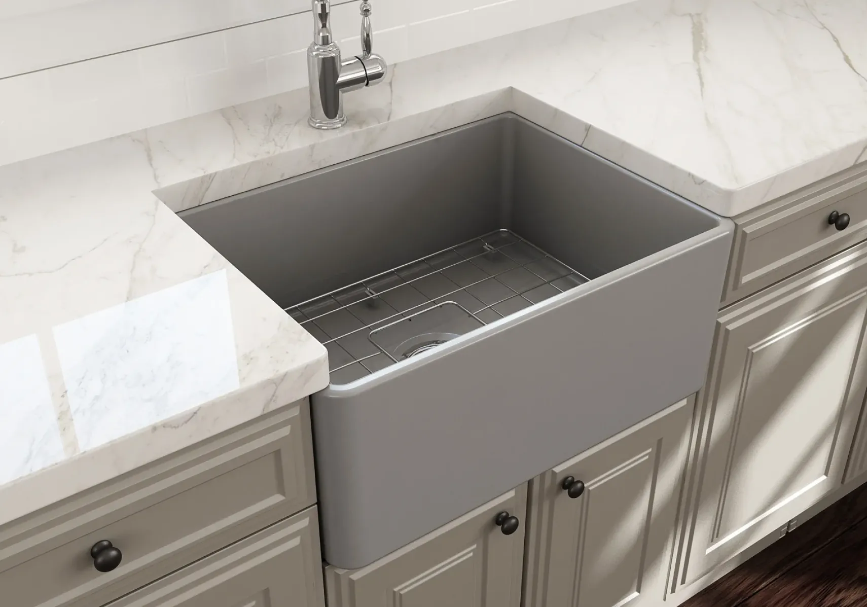 BOCCHI Classico 24" Fireclay Farmhouse Apron Single Bowl Kitchen Sink, Matte Gray, 1137-006-0120