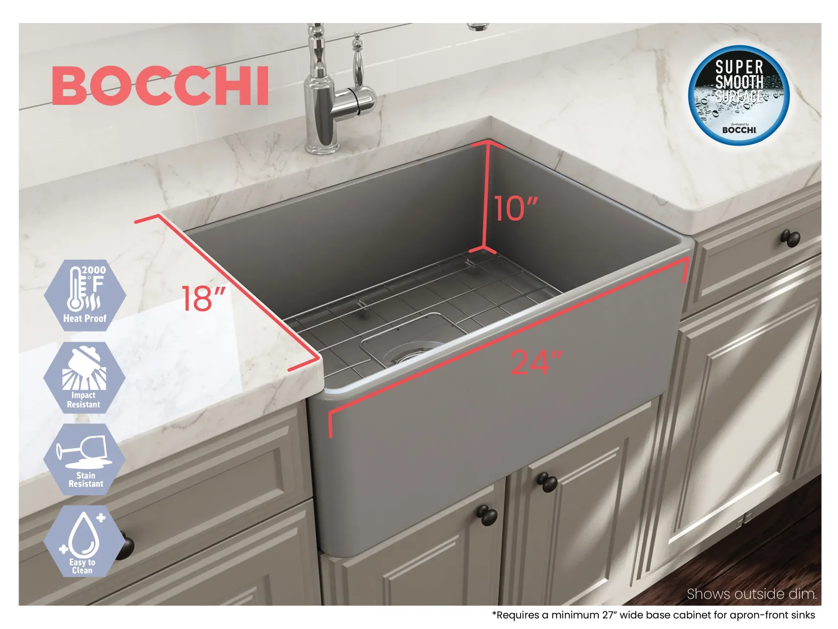 BOCCHI Classico 24" Fireclay Farmhouse Apron Single Bowl Kitchen Sink, Matte Gray, 1137-006-0120