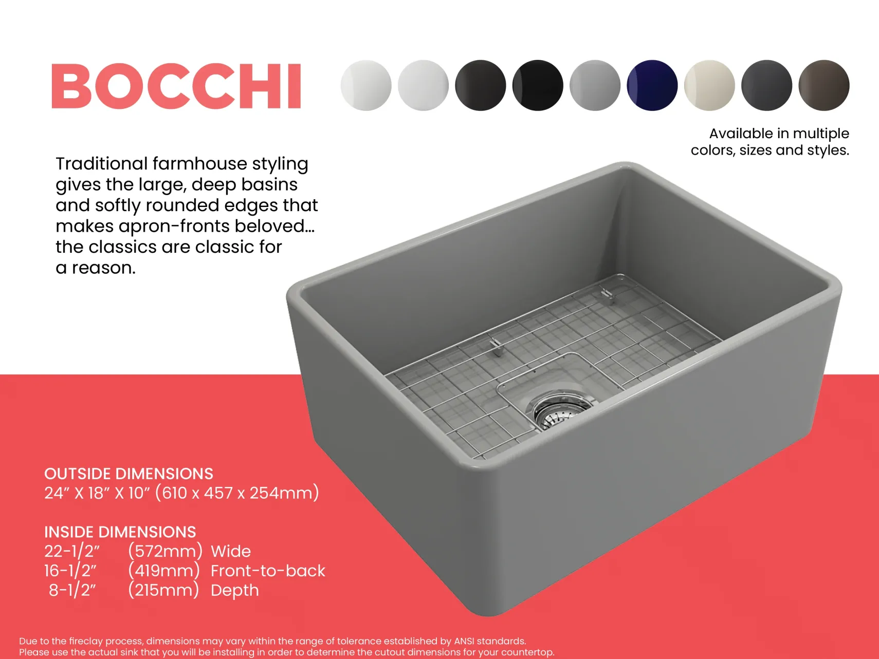 BOCCHI Classico 24" Fireclay Farmhouse Apron Single Bowl Kitchen Sink, Matte Gray, 1137-006-0120