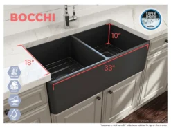 BOCCHI Classico 33" Fireclay Farmhouse Apron 50/50 Double Bowl Kitchen Sink, Matte Dark Gray, 1139-020-0120