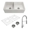 BOCCHI Classico 33" Fireclay Farmhouse Sink Kit with Faucet and Accessories, 50/50 Double Bowl, White (sink) / Chrome (faucet), 1139-001-2020CH
