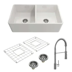 BOCCHI Classico 33" Fireclay Farmhouse Sink Kit with Faucet and Accessories, 50/50 Double Bowl, White (sink) / Chrome (faucet), 1139-001-2020CH