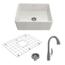BOCCHI Classico 24" Fireclay Farmhouse Sink Kit with Faucet and Accessories, White (sink) / Chrome (faucet), 1137-001-2024CH