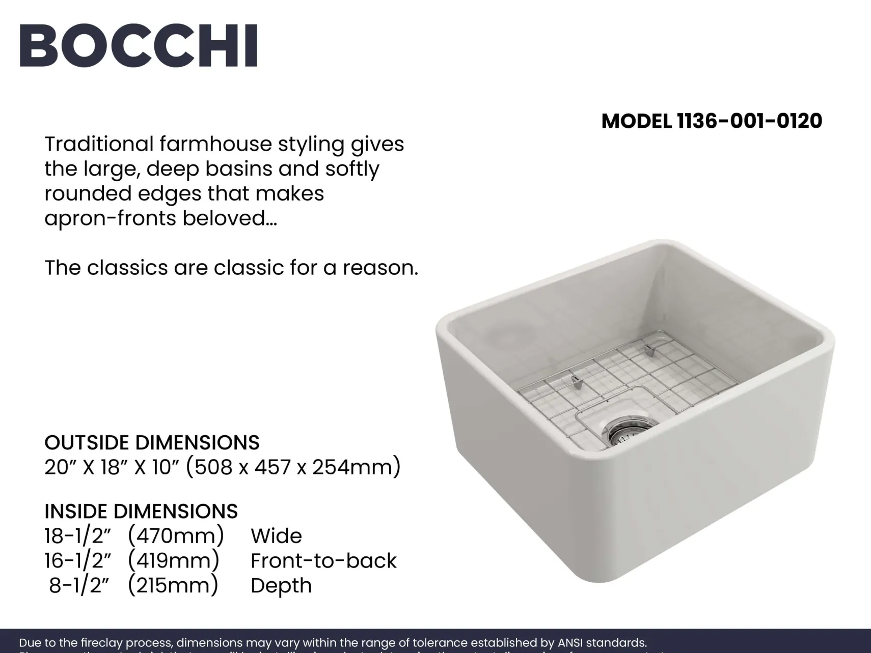 BOCCHI Classico 20" Fireclay Farmhouse Apron Single Bowl Kitchen Sink, White, 1136-001-0120