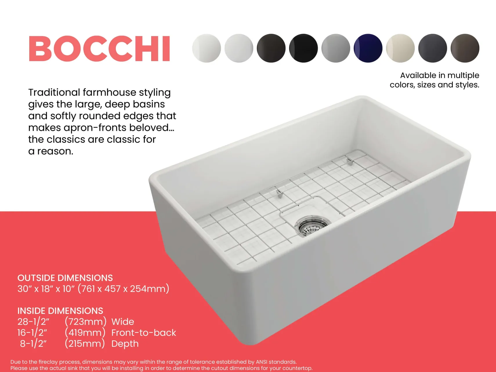 BOCCHI Classico 30" Fireclay Farmhouse Apron Single Bowl Kitchen Sink, Matte White, 1138-002-0120