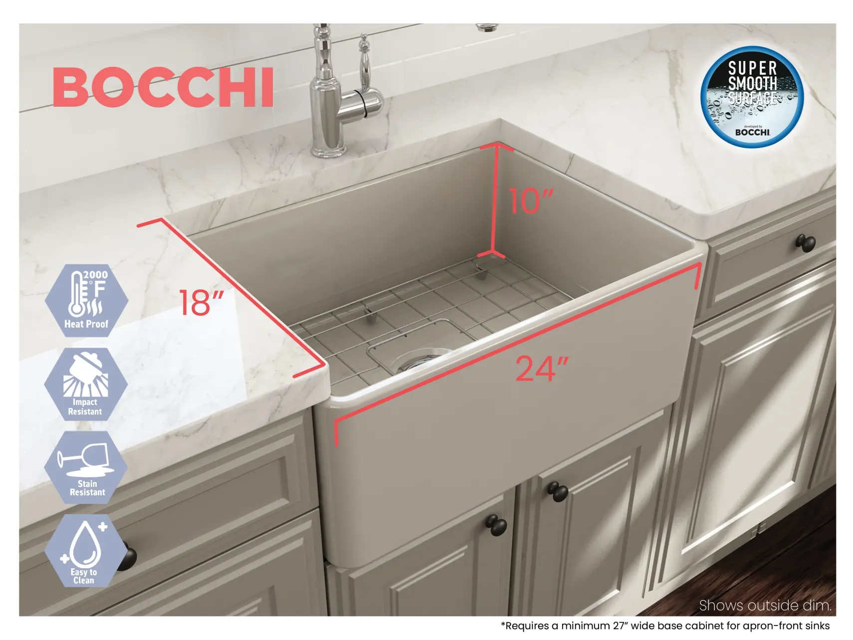 BOCCHI Classico 24" Fireclay Farmhouse Apron Single Bowl Kitchen Sink, Biscuit, 1137-014-0120
