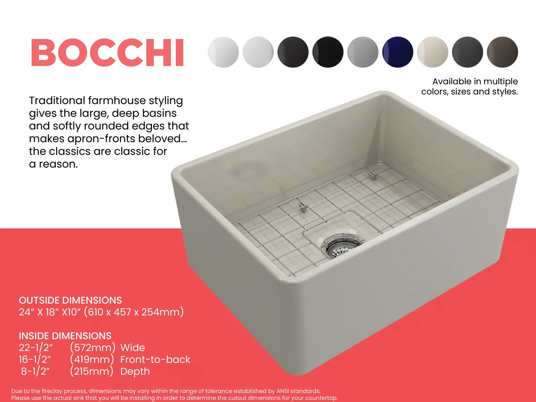 BOCCHI Classico 24" Fireclay Farmhouse Apron Single Bowl Kitchen Sink, Biscuit, 1137-014-0120