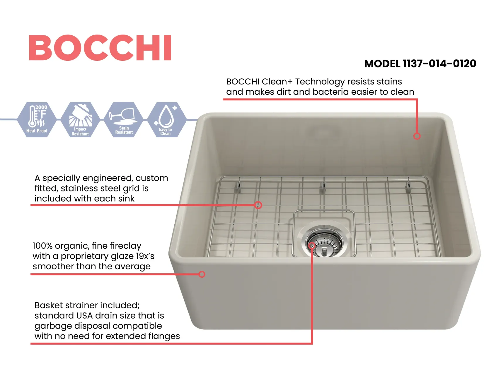 BOCCHI Classico 24" Fireclay Farmhouse Apron Single Bowl Kitchen Sink, Biscuit, 1137-014-0120