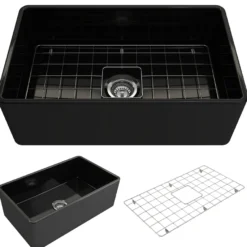 BOCCHI Classico 30" Fireclay Farmhouse Apron Single Bowl Kitchen Sink, Black, 1138-005-0120