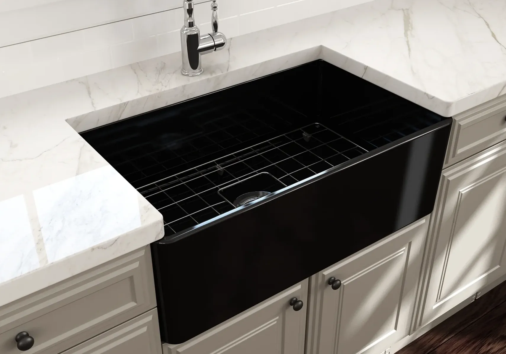 BOCCHI Classico 30" Fireclay Farmhouse Apron Single Bowl Kitchen Sink, Black, 1138-005-0120