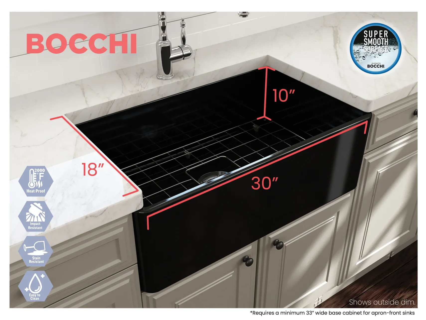 BOCCHI Classico 30" Fireclay Farmhouse Apron Single Bowl Kitchen Sink, Black, 1138-005-0120