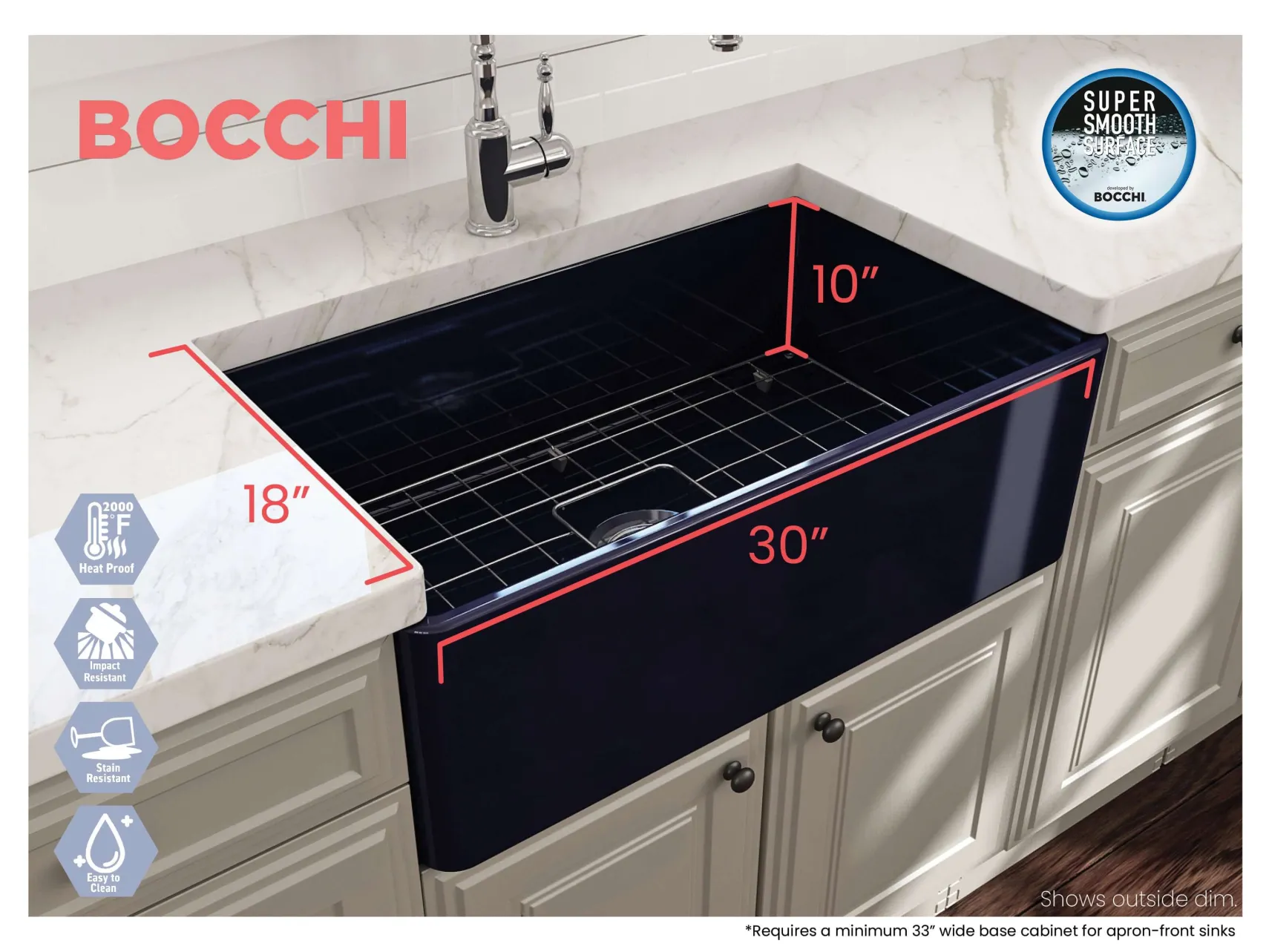 BOCCHI Classico 30" Fireclay Farmhouse Apron Single Bowl Kitchen Sink, Sapphire Blue, 1138-010-0120