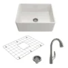 BOCCHI Classico 24" Fireclay Farmhouse Sink Kit with Faucet and Accessories, White (sink) / Stainless Steel (faucet), 1137-001-2024SS