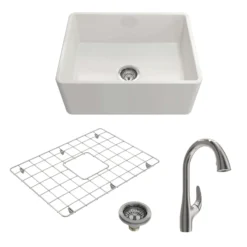 BOCCHI Classico 24" Fireclay Farmhouse Sink Kit with Faucet and Accessories, White (sink) / Stainless Steel (faucet), 1137-001-2024SS