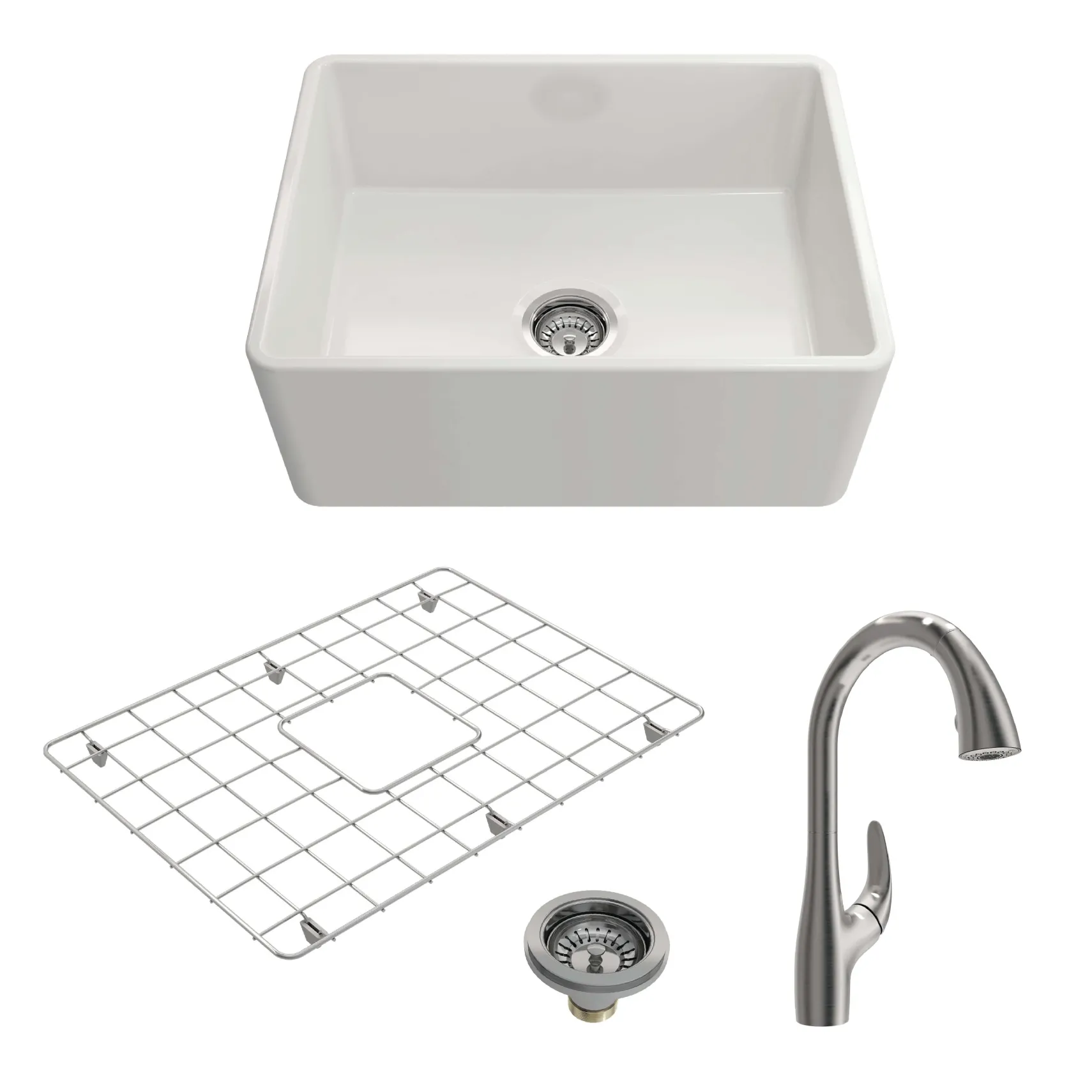 BOCCHI Classico 24" Fireclay Farmhouse Sink Kit with Faucet and Accessories, White (sink) / Stainless Steel (faucet), 1137-001-2024SS
