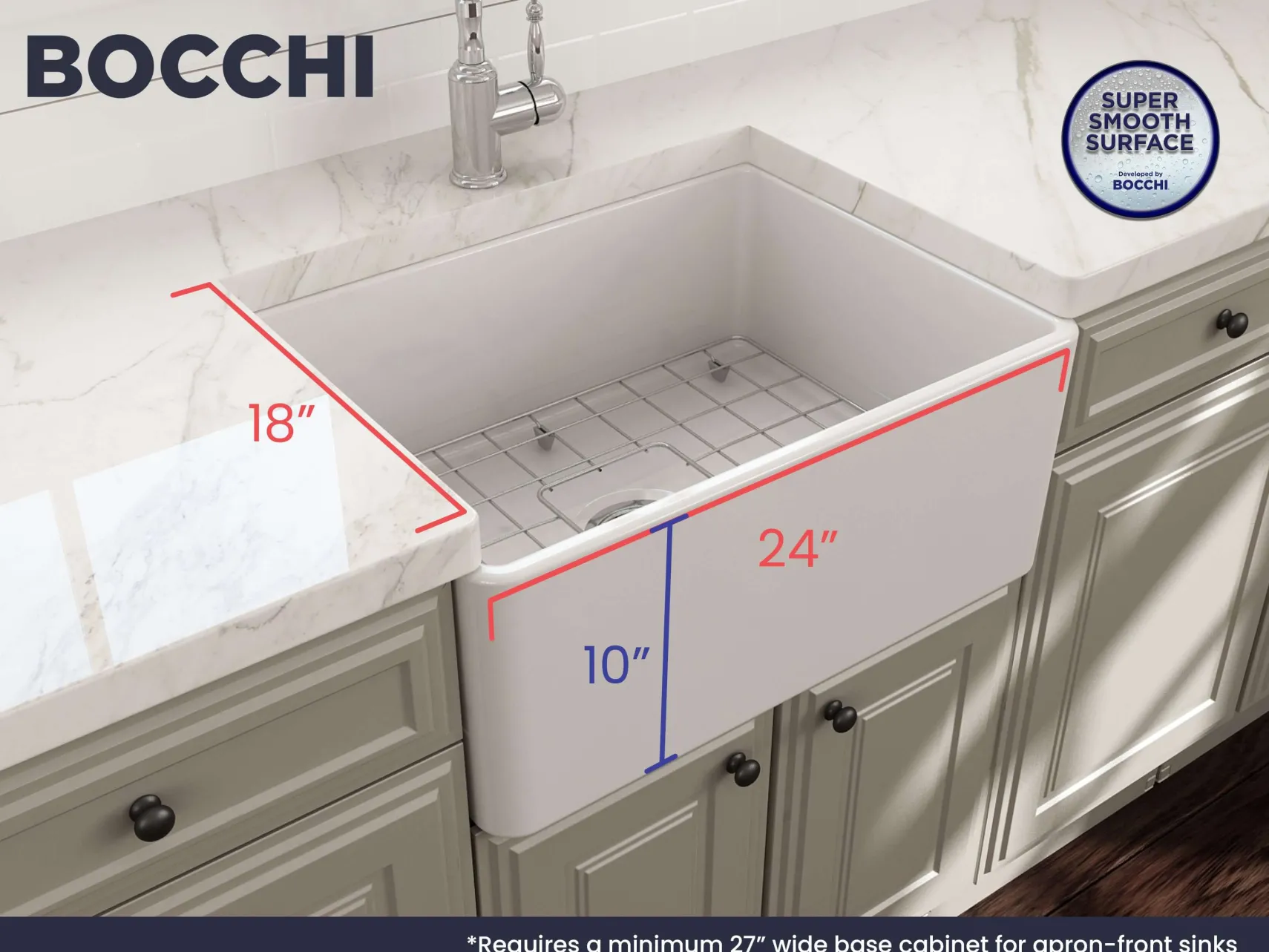 BOCCHI Classico 24" Fireclay Farmhouse Sink Kit with Faucet and Accessories, White (sink) / Stainless Steel (faucet), 1137-001-2024SS