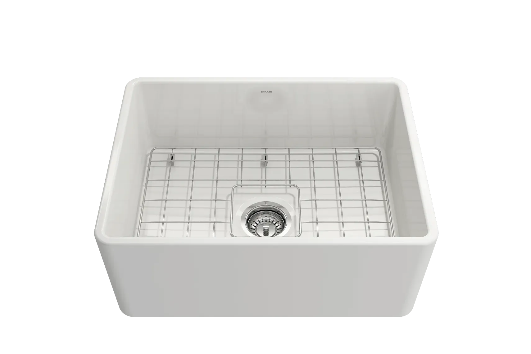BOCCHI Classico 24" Fireclay Farmhouse Sink Kit with Faucet and Accessories, White (sink) / Stainless Steel (faucet), 1137-001-2024SS