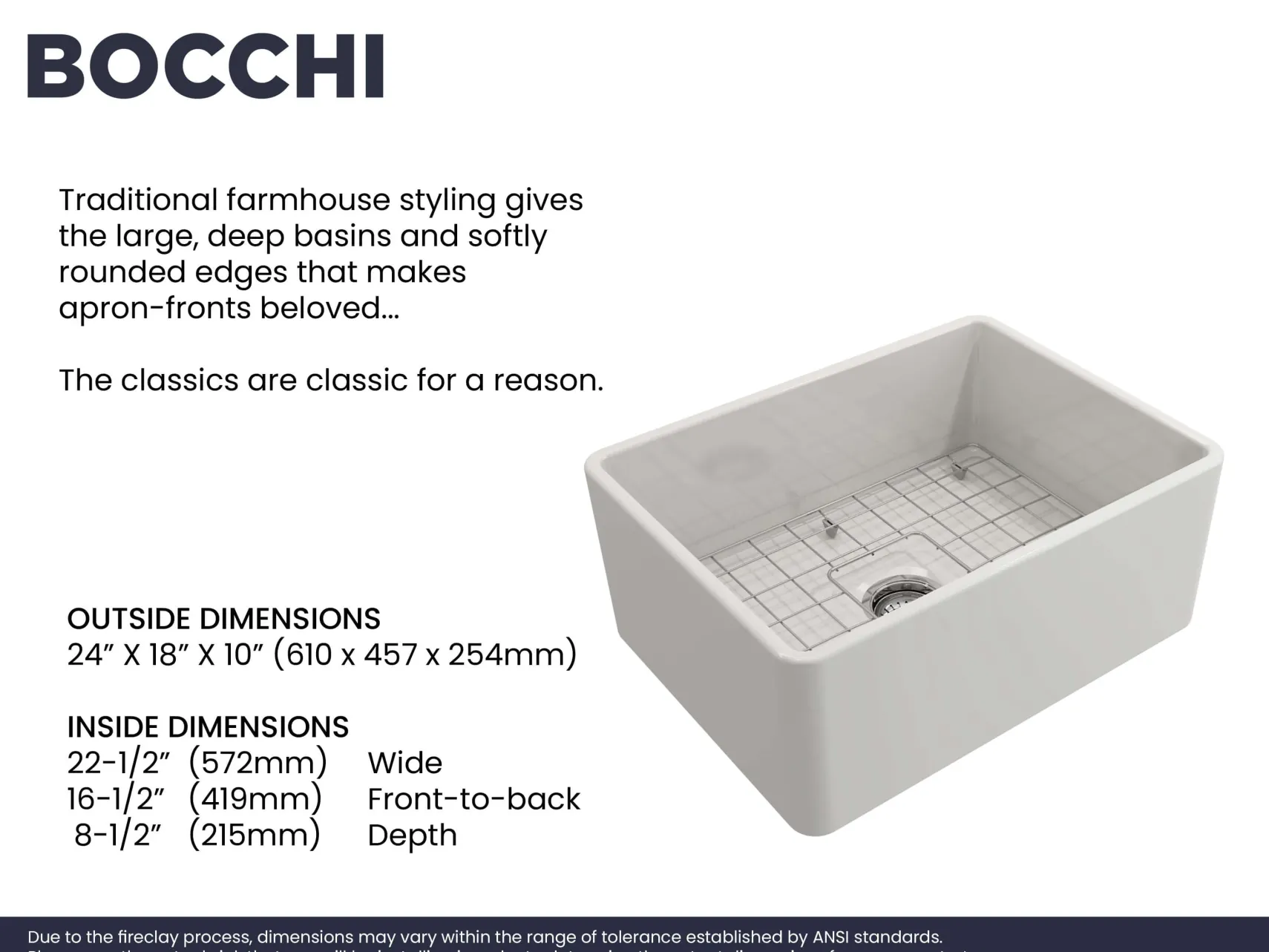 BOCCHI Classico 24" Fireclay Farmhouse Sink Kit with Faucet and Accessories, White (sink) / Stainless Steel (faucet), 1137-001-2024SS