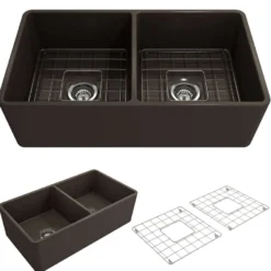 BOCCHI Classico 33" Fireclay Farmhouse Apron 50/50 Double Bowl Kitchen Sink, Matte Brown, 1139-025-0120