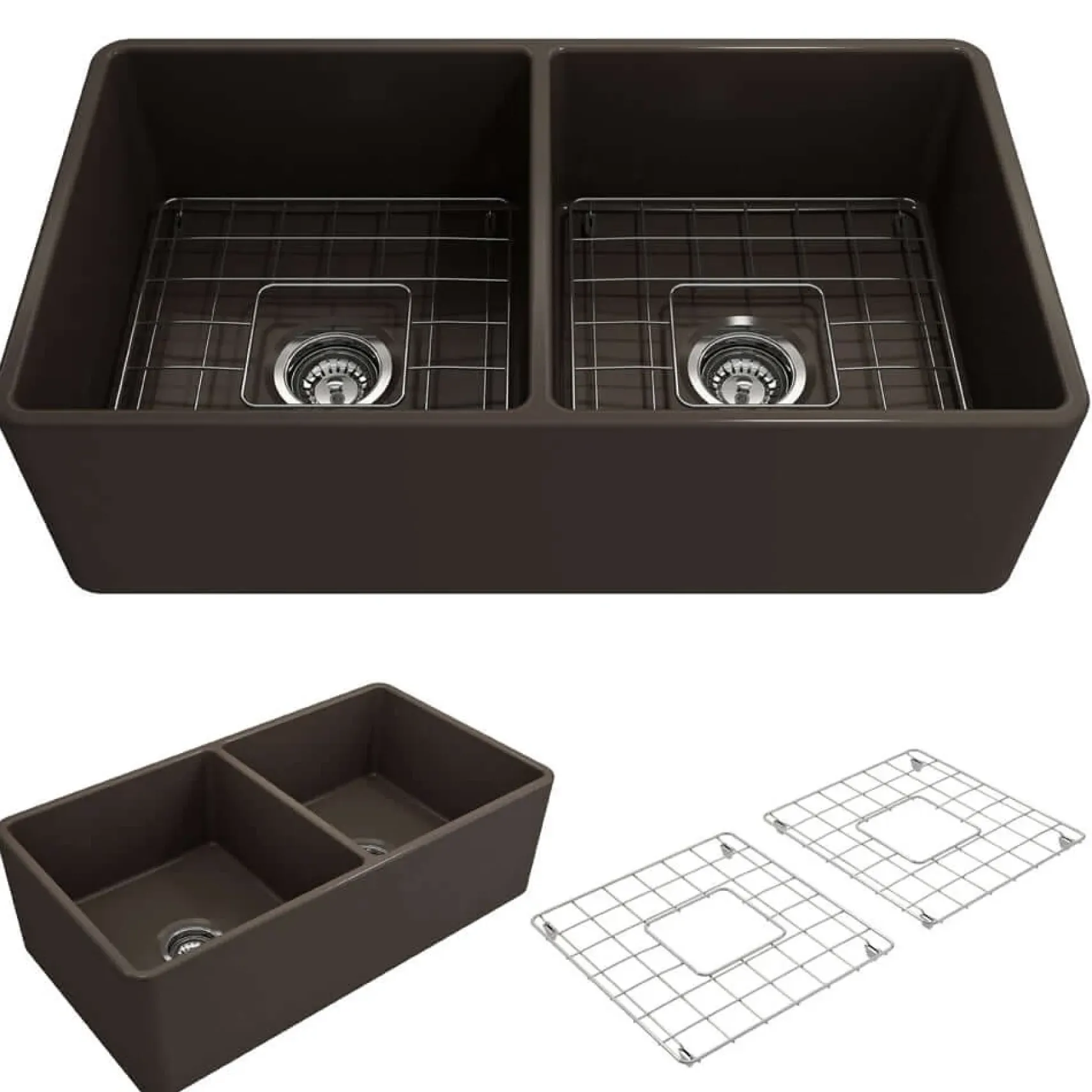 BOCCHI Classico 33" Fireclay Farmhouse Apron 50/50 Double Bowl Kitchen Sink, Matte Brown, 1139-025-0120