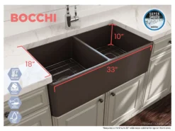 BOCCHI Classico 33" Fireclay Farmhouse Apron 50/50 Double Bowl Kitchen Sink, Matte Brown, 1139-025-0120