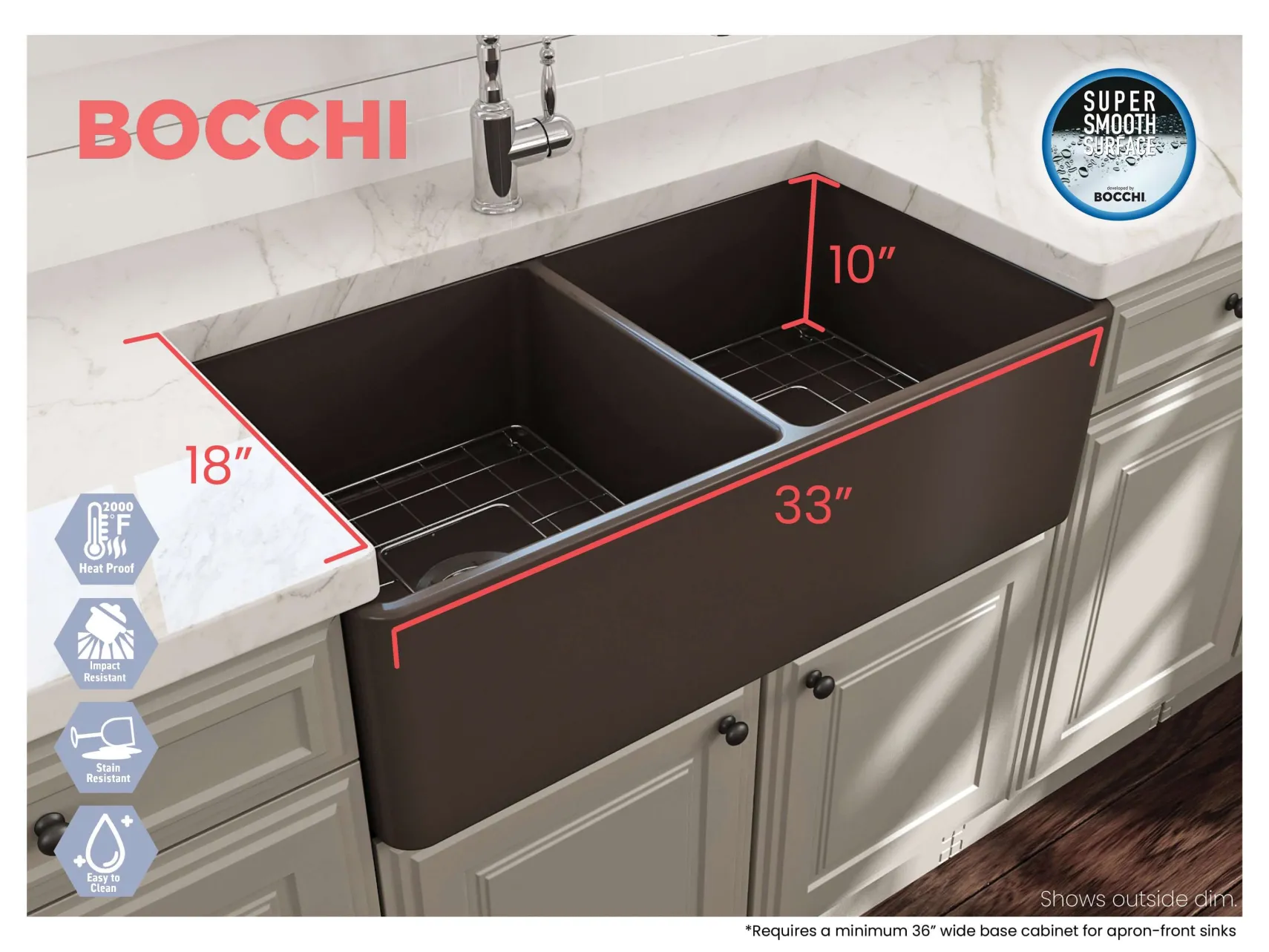 BOCCHI Classico 33" Fireclay Farmhouse Apron 50/50 Double Bowl Kitchen Sink, Matte Brown, 1139-025-0120