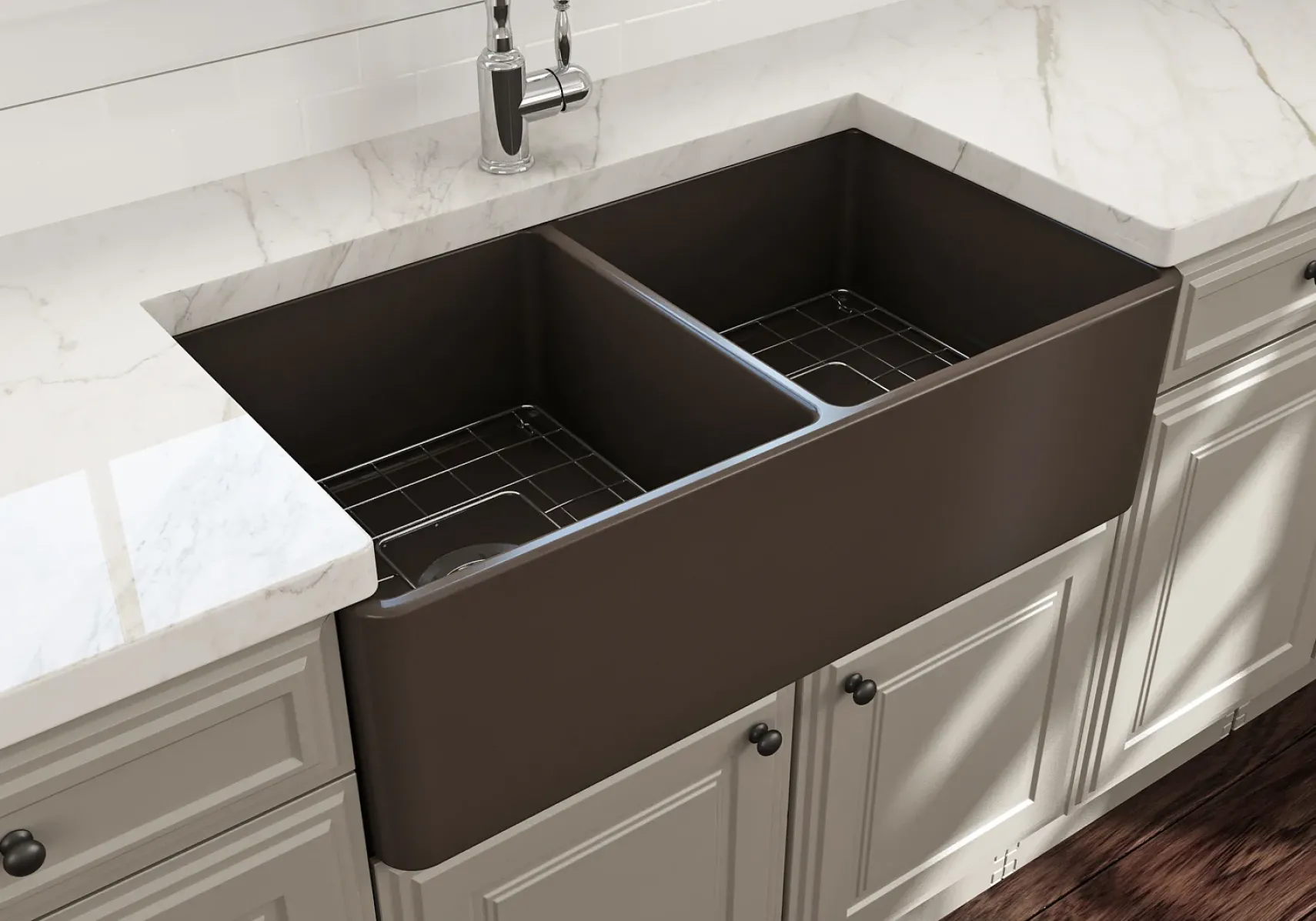 BOCCHI Classico 33" Fireclay Farmhouse Apron 50/50 Double Bowl Kitchen Sink, Matte Brown, 1139-025-0120