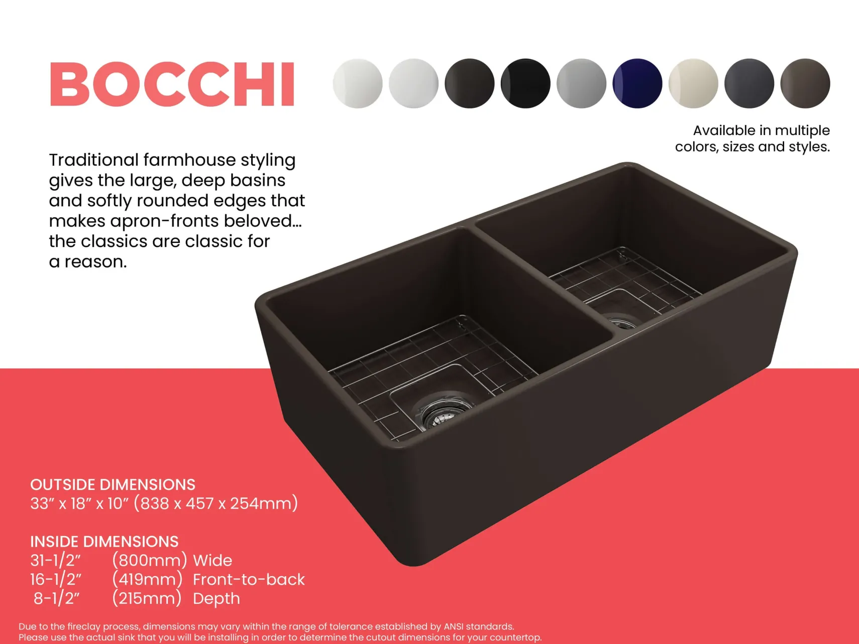 BOCCHI Classico 33" Fireclay Farmhouse Apron 50/50 Double Bowl Kitchen Sink, Matte Brown, 1139-025-0120