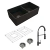 BOCCHI Classico 33" Matte Black Fireclay Farmhouse Sink Kit with Matte Black Faucet and Accessories, 50/50 Double Bowl, 1139-004-2020MB
