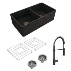 BOCCHI Classico 33" Matte Black Fireclay Farmhouse Sink Kit with Matte Black Faucet and Accessories, 50/50 Double Bowl, 1139-004-2020MB