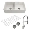 BOCCHI Classico 33" White Fireclay Farmhouse Sink Kit with Stainless Steel Faucet and Accessories, 50/50 Double Bowl, 1139-001-2020SS