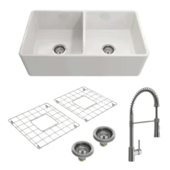 BOCCHI Classico 33" White Fireclay Farmhouse Sink Kit with Stainless Steel Faucet and Accessories, 50/50 Double Bowl, 1139-001-2020SS