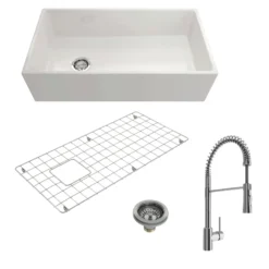 BOCCHI Contempo 36" Fireclay Farmhouse Sink Kit with Faucet and Accessories, White (sink) / Chrome (faucet), 1354-001-2020CH