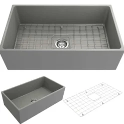 BOCCHI Contempo 33" Fireclay Farmhouse Apron Single Bowl Kitchen Sink, Matte Gray, 1352-006-0120