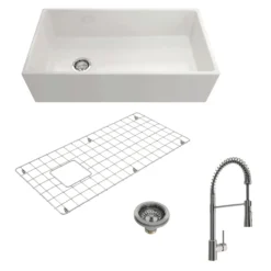 BOCCHI Contempo 36" Fireclay Farmhouse Sink Kit with Faucet and Accessories, White (sink) / Stainless Steel (faucet), 1354-001-2020SS