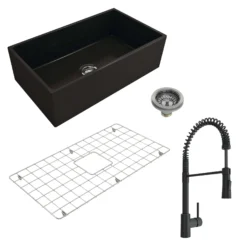 BOCCHI Contempo 33" Fireclay Farmhouse Sink Kit with Faucet and Accessories, Matte Black (sink) / Matte Black (faucet), 1352-004-2020MB