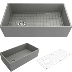 BOCCHI Contempo 36" Fireclay Farmhouse Apron Single Bowl Kitchen Sink, Matte Gray, 1354-006-0120