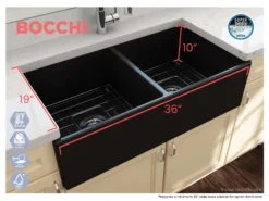 BOCCHI Contempo 36" Fireclay Farmhouse Apron 50/50 Double Bowl Kitchen Sink, Matte Black, 1350-004-0120