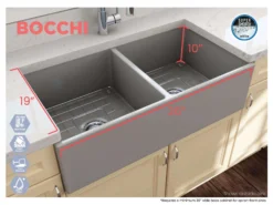 BOCCHI Contempo 36" Fireclay Farmhouse Apron 50/50 Double Bowl Kitchen Sink, Matte Gray, 1350-006-0120