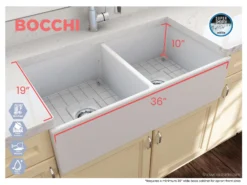 BOCCHI Contempo 36" Fireclay Farmhouse Apron 50/50 Double Bowl Kitchen Sink, Matte White, 1350-002-0120