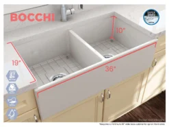 BOCCHI Contempo 36" Fireclay Farmhouse Apron 50/50 Double Bowl Kitchen Sink, Biscuit, 1350-014-0120
