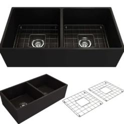 BOCCHI Contempo 36" Fireclay Farmhouse Apron 50/50 Double Bowl Kitchen Sink, Black, 1350-005-0120