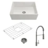 BOCCHI Contempo 27" Fireclay Farmhouse Sink Kit with Faucet and Accessories, White (sink) / Stainless Steel (faucet), 1356-001-2020SS