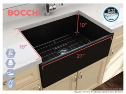 BOCCHI Contempo 27" Fireclay Farmhouse Apron Single Bowl Kitchen Sink, Matte Black, 1356-004-0120