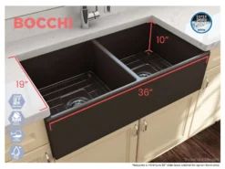 BOCCHI Contempo 36" Fireclay Farmhouse Apron 50/50 Double Bowl Kitchen Sink, Matte Brown, 1350-025-0120