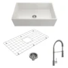 BOCCHI Contempo 33" Fireclay Farmhouse Sink Kit with Faucet and Accessories, White (sink) / Stainless Steel (faucet), 1352-001-2020SS