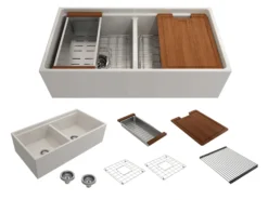 BOCCHI Contempo 36" Fireclay Workstation Farmhouse Sink with Accessories, 50/50 Double Bowl, Biscuit, 1348-014-0120