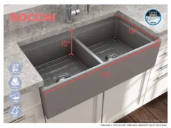 BOCCHI Contempo 36" Fireclay Workstation Farmhouse Sink with Accessories, 50/50 Double Bowl, Matte Gray, 1348-006-0120