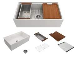 BOCCHI Contempo 33" Fireclay Workstation Farmhouse Sink with Accessories, White, 1504-001-0120