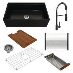 BOCCHI Contempo 33" Fireclay Workstation Farmhouse Sink Kit with Faucet and Accessories, Matte Black (sink) / Matte Black (faucet), 1504-004-2020MB